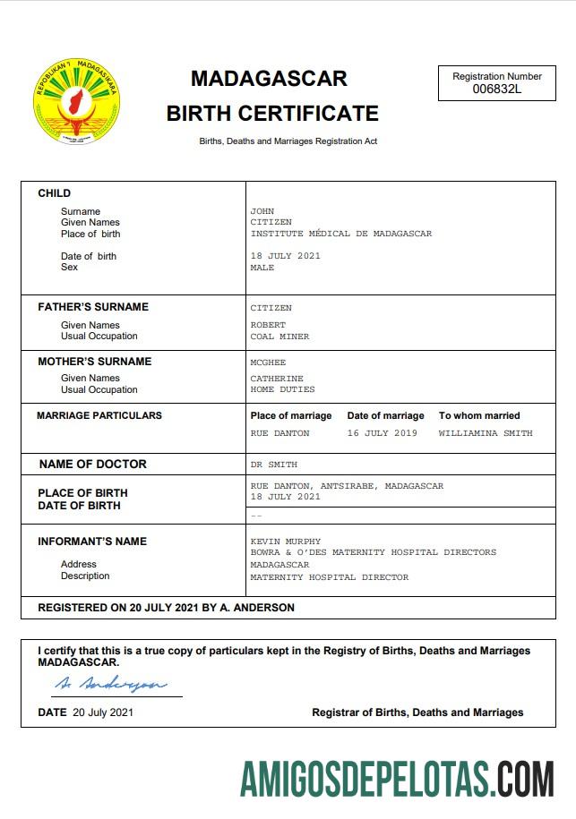 Em branco modelo Word e PDF de certidão de nascimento de registro vital de Madagascar
